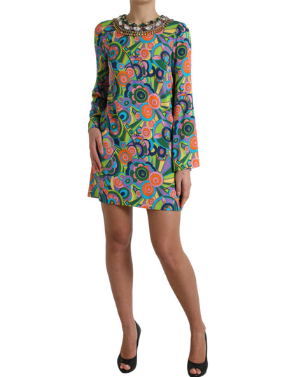 Dolce & Gabbana Multicolor Geometric Print Silk Crystals Midi Dress