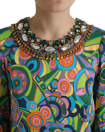 Dolce & Gabbana Multicolor Geometric Print Silk Crystals Midi Dress