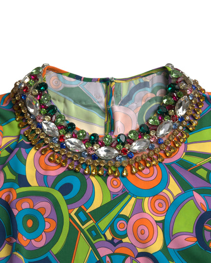Dolce & Gabbana Multicolor Geometric Print Silk Crystals Midi Dress