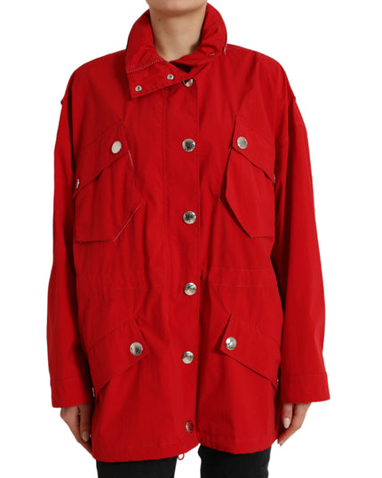 Dolce & Gabbana Red Polyester Hooded Button Rain Coat Jacket