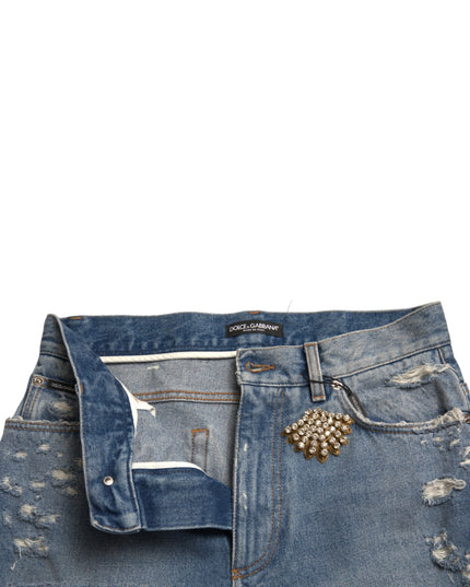 Dolce & Gabbana Blue Tattered Embellished Bermuda Shorts