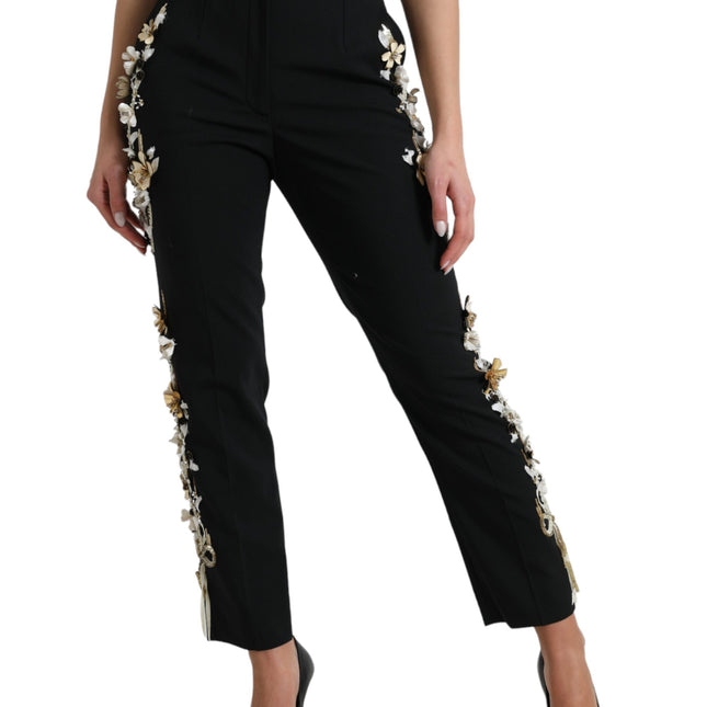 Dolce & Gabbana Black Floral Applique High Waist Tapered Pants