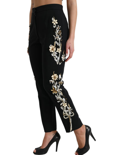 Dolce & Gabbana Black Floral Applique High Waist Tapered Pants