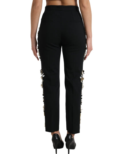 Dolce & Gabbana Black Floral Applique High Waist Tapered Pants