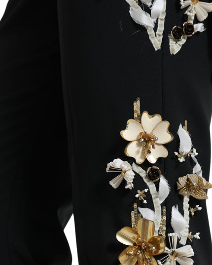 Dolce & Gabbana Black Floral Applique High Waist Tapered Pants