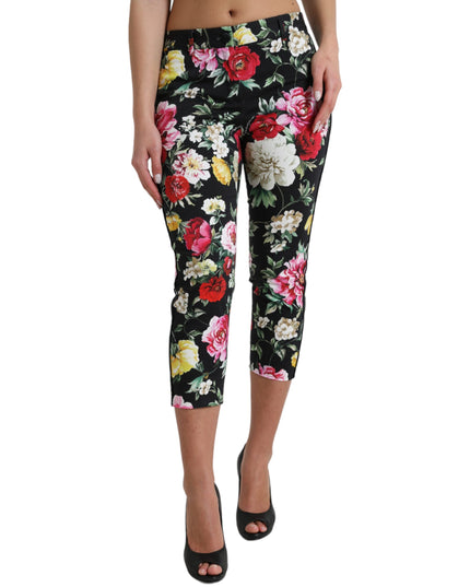 Dolce & Gabbana Black Floral Print Mid Waist Cropped Pants