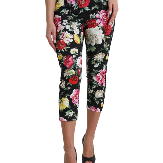 Dolce & Gabbana Black Floral Print Mid Waist Cropped Pants