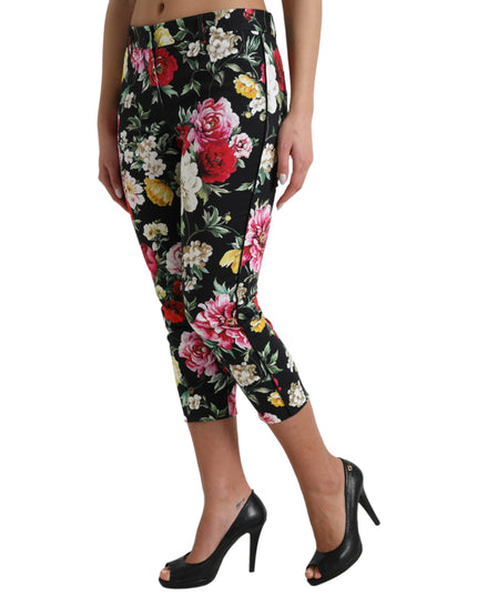 Dolce & Gabbana Black Floral Print Mid Waist Cropped Pants