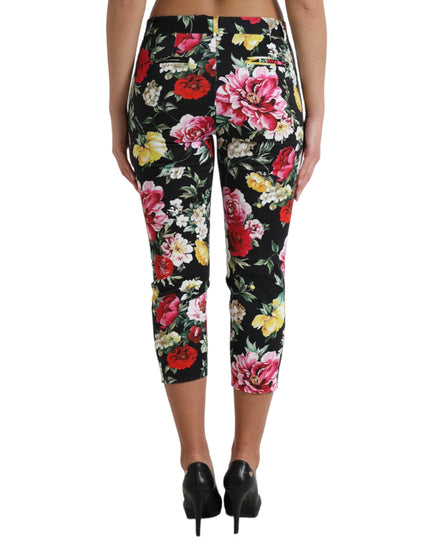 Dolce & Gabbana Black Floral Print Mid Waist Cropped Pants