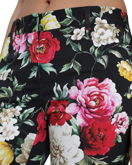 Dolce & Gabbana Black Floral Print Mid Waist Cropped Pants