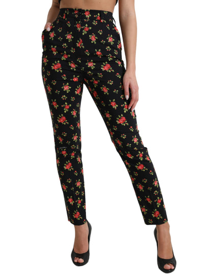 Dolce & Gabbana Black Floral Wool High Waist Tapered Pants