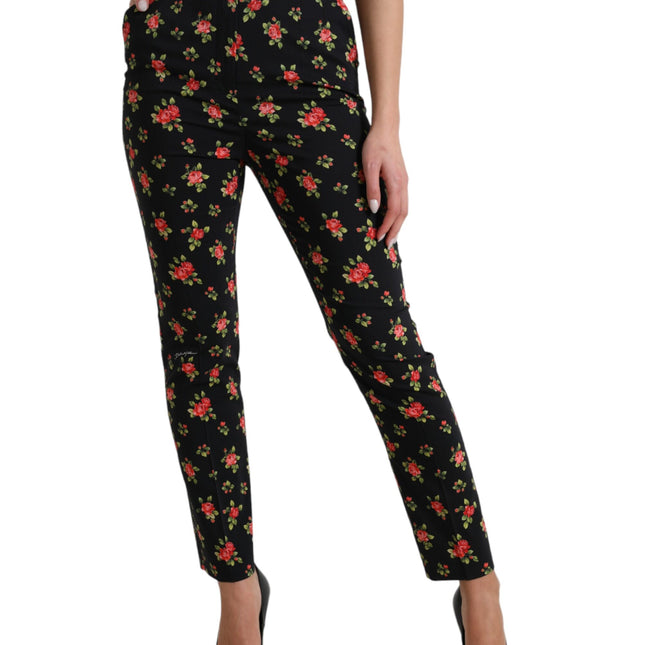 Dolce & Gabbana Black Floral Wool High Waist Tapered Pants