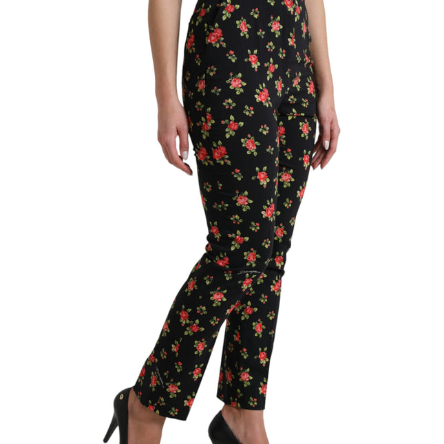 Dolce & Gabbana Black Floral Wool High Waist Tapered Pants
