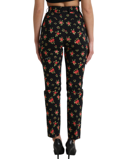 Dolce & Gabbana Black Floral Wool High Waist Tapered Pants