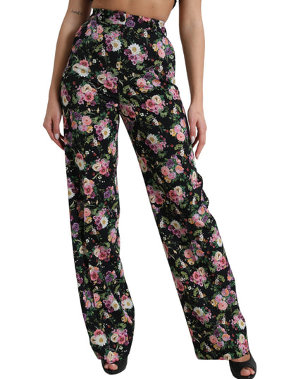 Dolce & Gabbana Black Floral Wool High Waist Wide Leg Pants