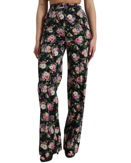 Dolce & Gabbana Black Floral Wool High Waist Wide Leg Pants