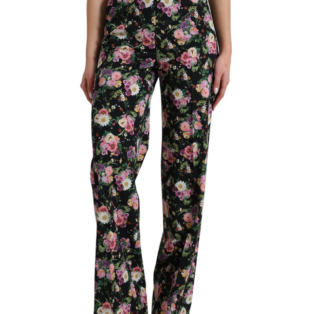 Dolce & Gabbana Black Floral Wool High Waist Wide Leg Pants