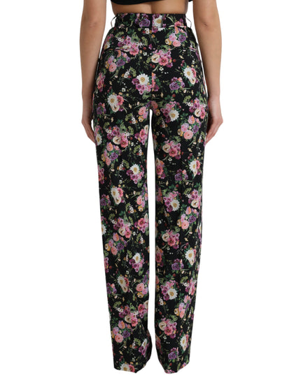 Dolce & Gabbana Black Floral Wool High Waist Wide Leg Pants