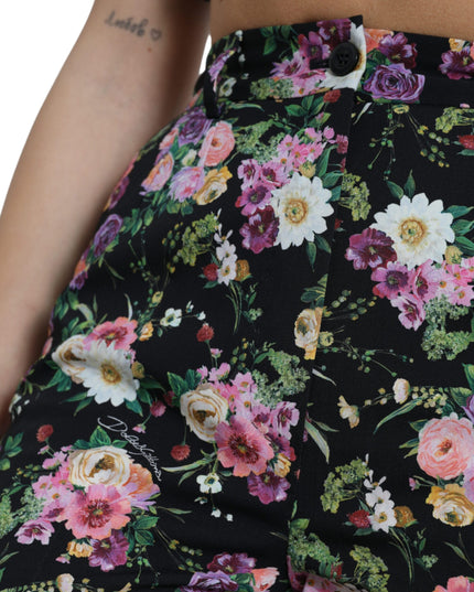 Dolce & Gabbana Black Floral Wool High Waist Wide Leg Pants
