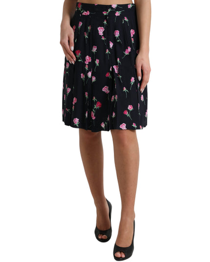 Dolce & Gabbana Black Rose High Waist A-line Knee Length Skirt