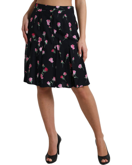 Dolce & Gabbana Black Rose High Waist A-line Knee Length Skirt