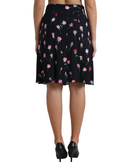 Dolce & Gabbana Black Rose High Waist A-line Knee Length Skirt