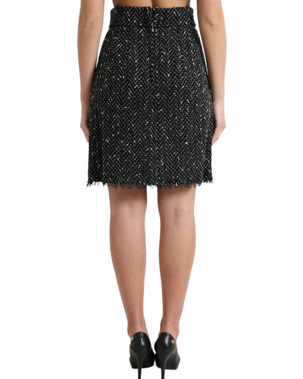 Dolce & Gabbana Black Wool Knit Tweed High Waist Mini Skirt