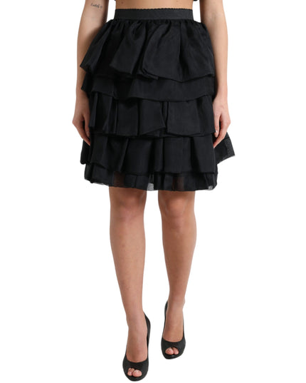 Dolce & Gabbana Black Tiered Aline High Waist Silk Mini Skirt