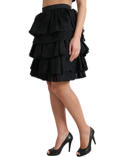 Dolce & Gabbana Black Tiered Aline High Waist Silk Mini Skirt