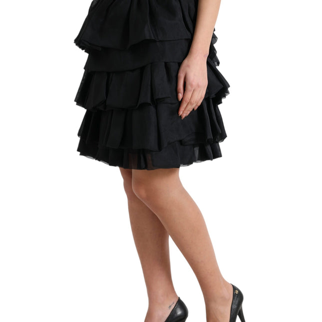 Dolce & Gabbana Black Tiered Aline High Waist Silk Mini Skirt