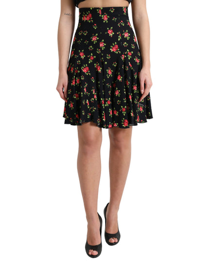Dolce & Gabbana Black Rose Print High Waist A-line Mini Skirt