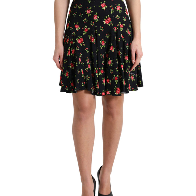 Dolce & Gabbana Black Rose Print High Waist A-line Mini Skirt