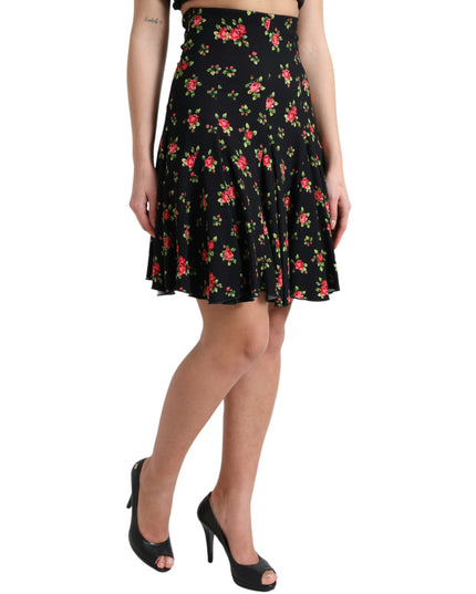Dolce & Gabbana Black Rose Print High Waist A-line Mini Skirt