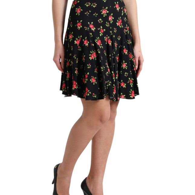 Dolce & Gabbana Black Rose Print High Waist A-line Mini Skirt