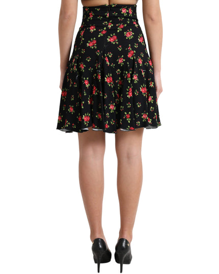 Dolce & Gabbana Black Rose Print High Waist A-line Mini Skirt