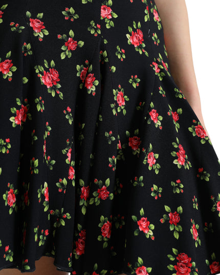 Dolce & Gabbana Black Rose Print High Waist A-line Mini Skirt