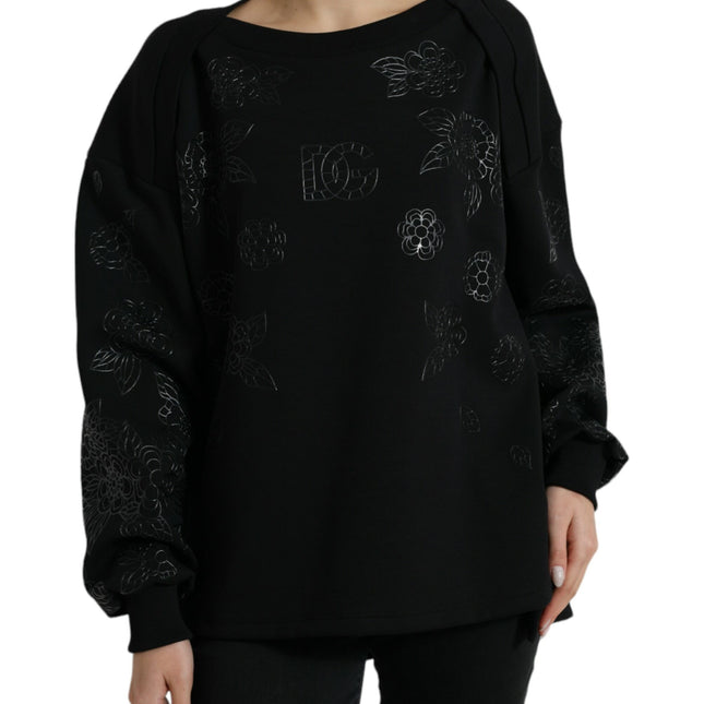 Dolce & Gabbana Black Pullover Floral Logo Applique Sweater