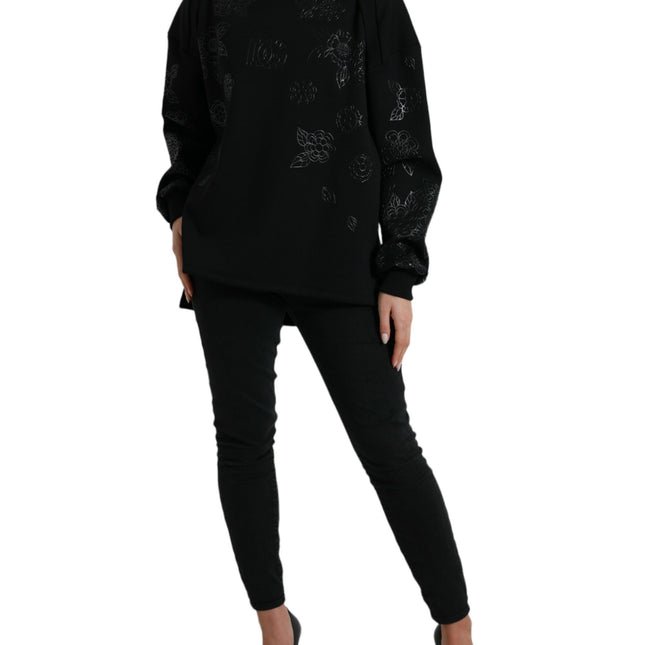 Dolce & Gabbana Black Pullover Floral Logo Applique Sweater