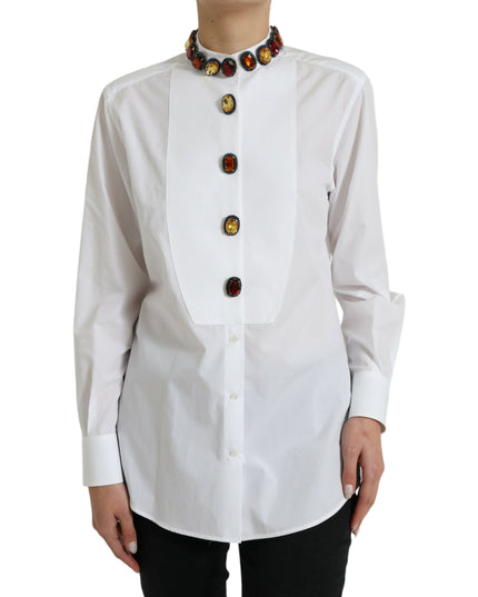 Dolce & Gabbana White Cotton Crystals Embellished Shirt Top