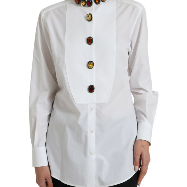 Dolce & Gabbana White Cotton Crystals Embellished Shirt Top