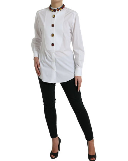 Dolce & Gabbana White Cotton Crystals Embellished Shirt Top
