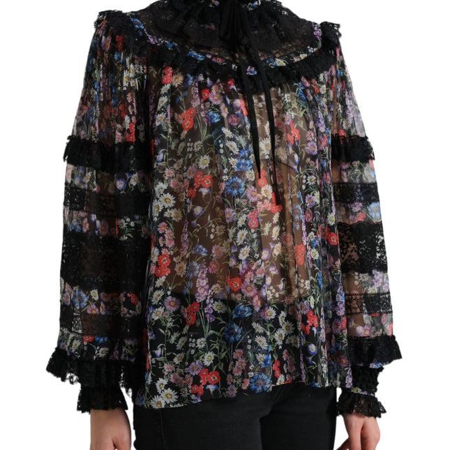 Dolce & Gabbana Black Floral Print Long Sleeves Blouse Top