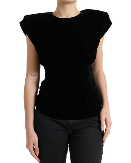 Dolce & Gabbana Black Velvet Fitted Padded Shoulder Blouse Top
