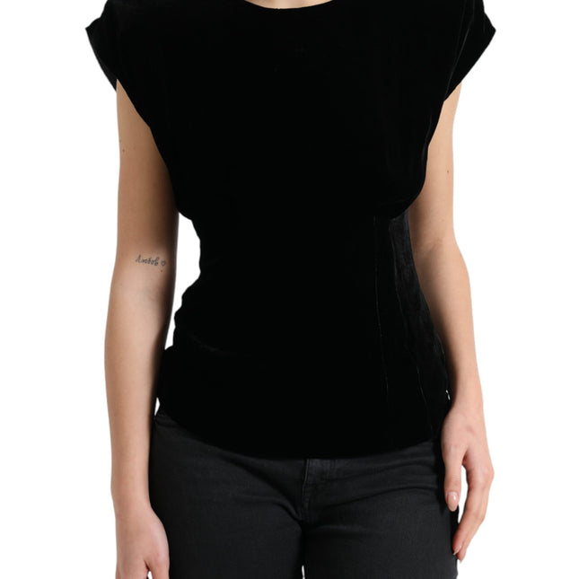 Dolce & Gabbana Black Velvet Fitted Padded Shoulder Blouse Top