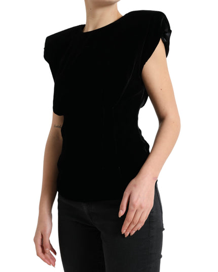 Dolce & Gabbana Black Velvet Fitted Padded Shoulder Blouse Top