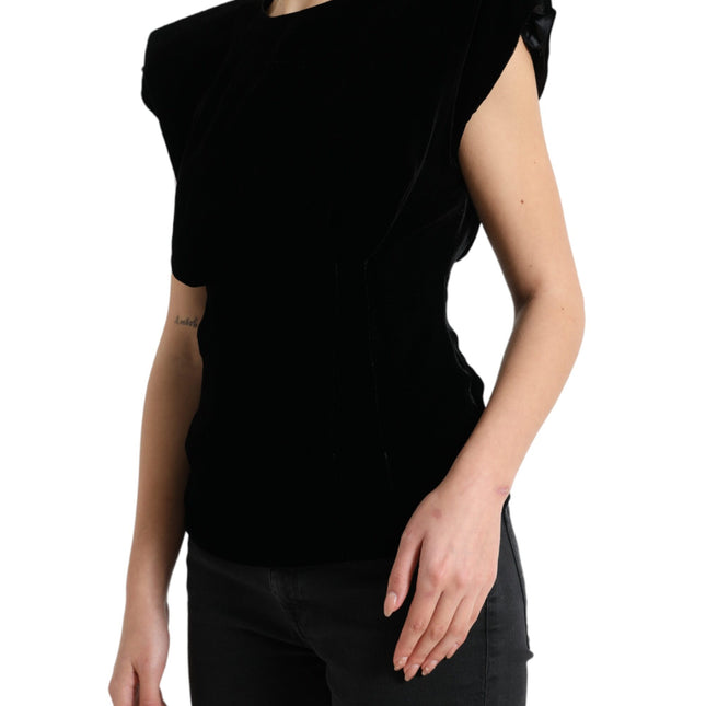 Dolce & Gabbana Black Velvet Fitted Padded Shoulder Blouse Top