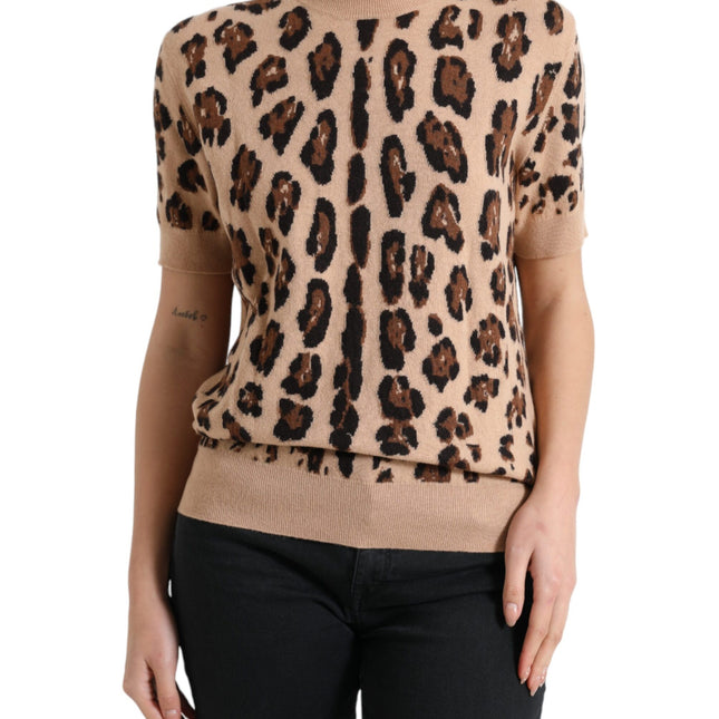 Dolce & Gabbana Beige Leopard Print Wool Turtleneck Top
