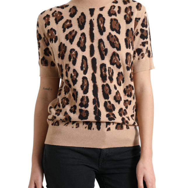 Dolce & Gabbana Beige Leopard Print Wool Turtleneck Top