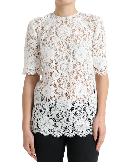 Dolce & Gabbana White Floral Lace Cotton Round Neck Blouse Top