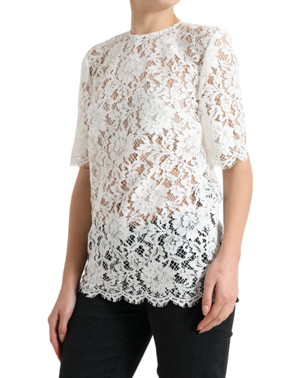Dolce & Gabbana White Floral Lace Cotton Round Neck Blouse Top